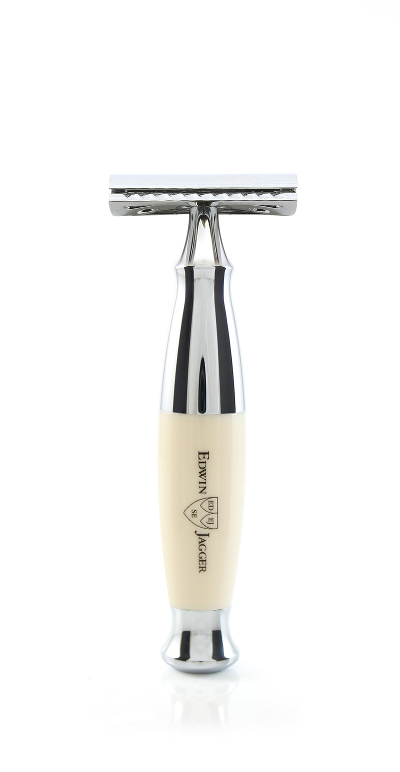 Edwin Jagger 4-Delige DE Gift Set - Black Synthetic Badger (Ivory & Chrome)