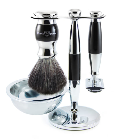 Edwin Jagger 4-Delige DE Gift Set - Black Synthetic Badger (Ebony&Chrome)