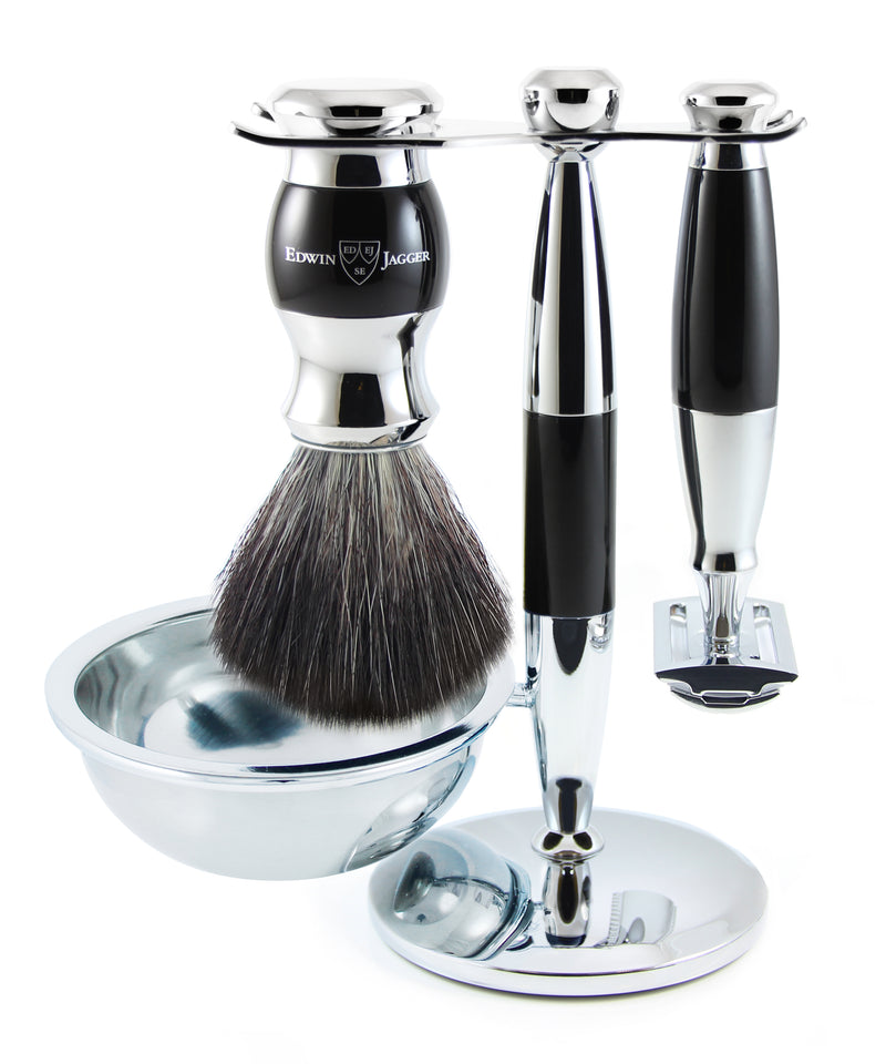 Edwin Jagger 4-Delige DE Gift Set - Black Synthetic Badger (Ebony&Chrome)