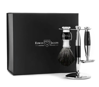 Edwin Jagger 3-Delige DE Gift Set - Black Synthetic Badger (Ebony&Chrome)