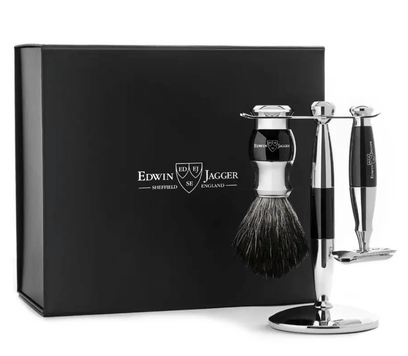 Edwin Jagger 3-Delige DE Gift Set - Black Synthetic Badger (Ebony&Chrome)