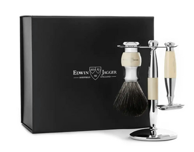 Edwin Jagger 3-Delige DE Gift Set - Black Synthetic Badger (Ivory & Chrome)