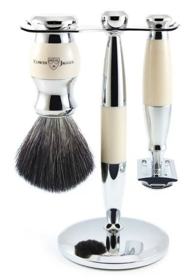 Edwin Jagger 3-Delige DE Gift Set - Black Synthetic Badger (Ivory & Chrome)