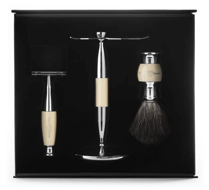 Edwin Jagger 3-Delige DE Gift Set - Black Synthetic Badger (Ivory & Chrome)