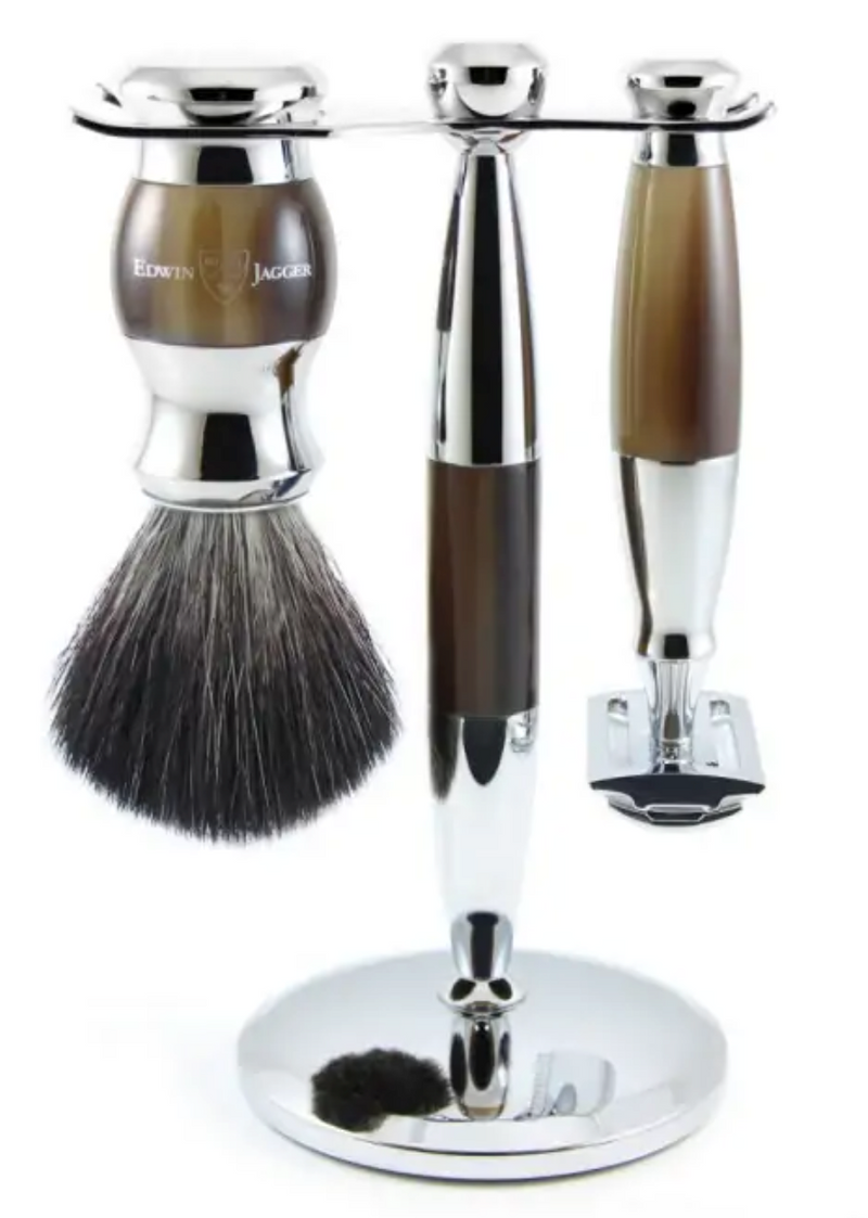 Edwin Jagger 3-Delige DE Gift Set - Black Synthetic Badger (Horn & Chrome)