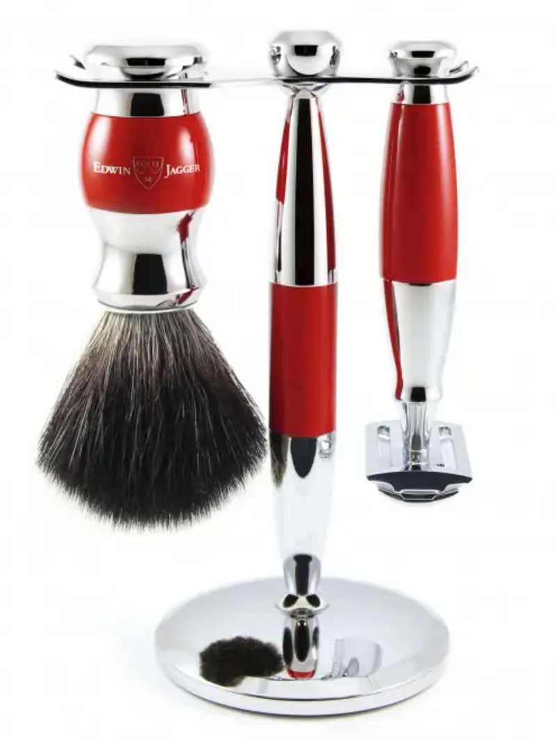 Edwin Jagger 3-Delige DE Gift Set - Black Synthetic Badger (Red & Chrome)