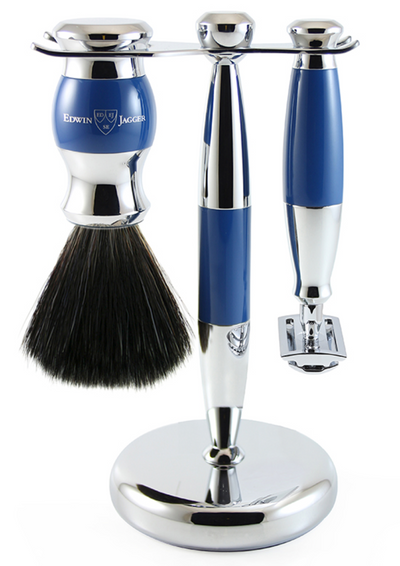 Edwin Jagger 3-Delige DE Gift Set - Black Synthetic Badger (Blue & Chrome)