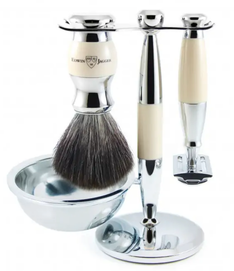 Edwin Jagger 4-Delige DE Gift Set - Black Synthetic Badger (Ivory & Chrome)