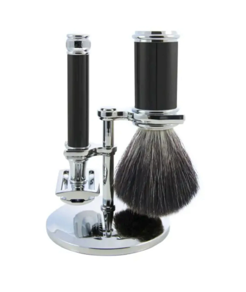 Edwin Jagger 3-Delige DE Razor Set - Black Synthetic Badger (Black & Chrome)