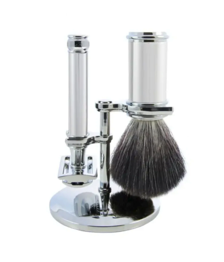 Edwin Jagger 3-Delige DE Razor Set - Black Synthetic Badger (Chrome)