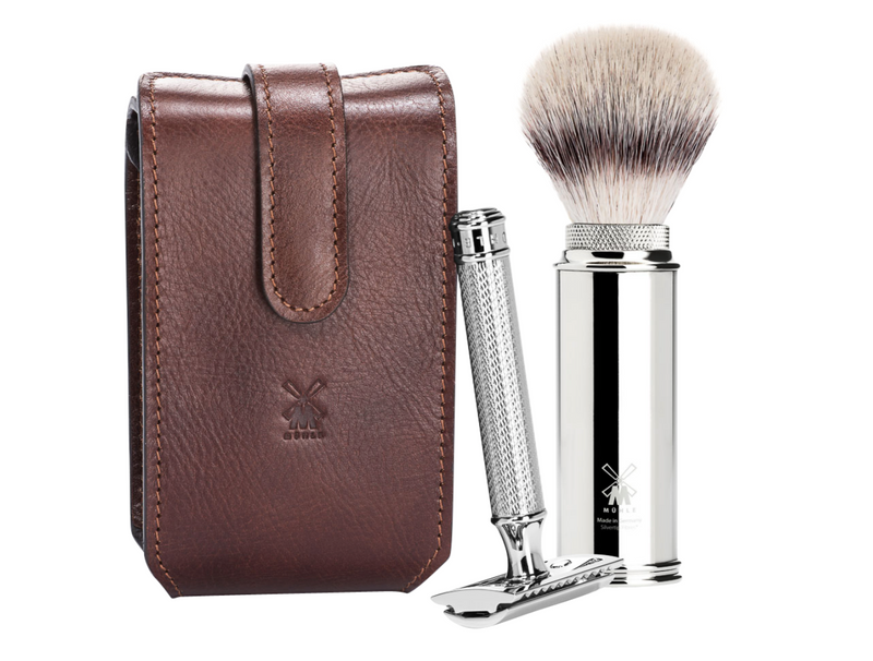 Muhle "Travel" Leather Bag Brush & Safety Razor - Brown