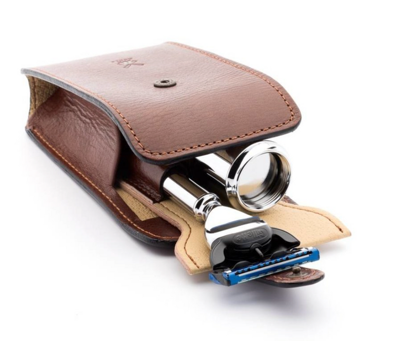 Muhle "TRAVEL" Leather Bag Brush & Fusion Razor - Brown