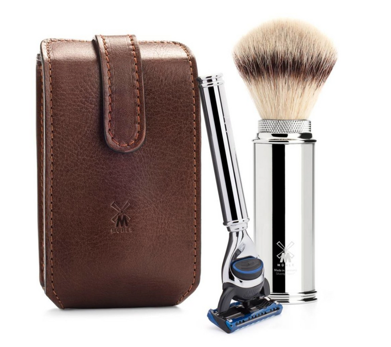 Muhle "TRAVEL" Leather Bag Brush & Fusion Razor - Brown