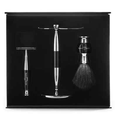 Edwin Jagger 3-Delige DE Gift Set - Black Synthetic Badger (Ebony&Chrome)