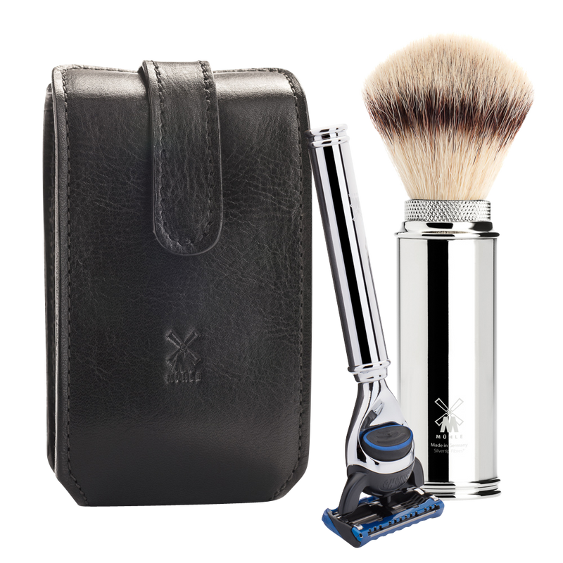 Muhle "TRAVEL" Leather Bag Brush & Fusion Razor - Black