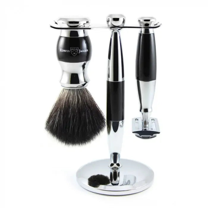 Edwin Jagger 3-Delige DE Gift Set - Black Synthetic Badger (Ebony&Chrome)