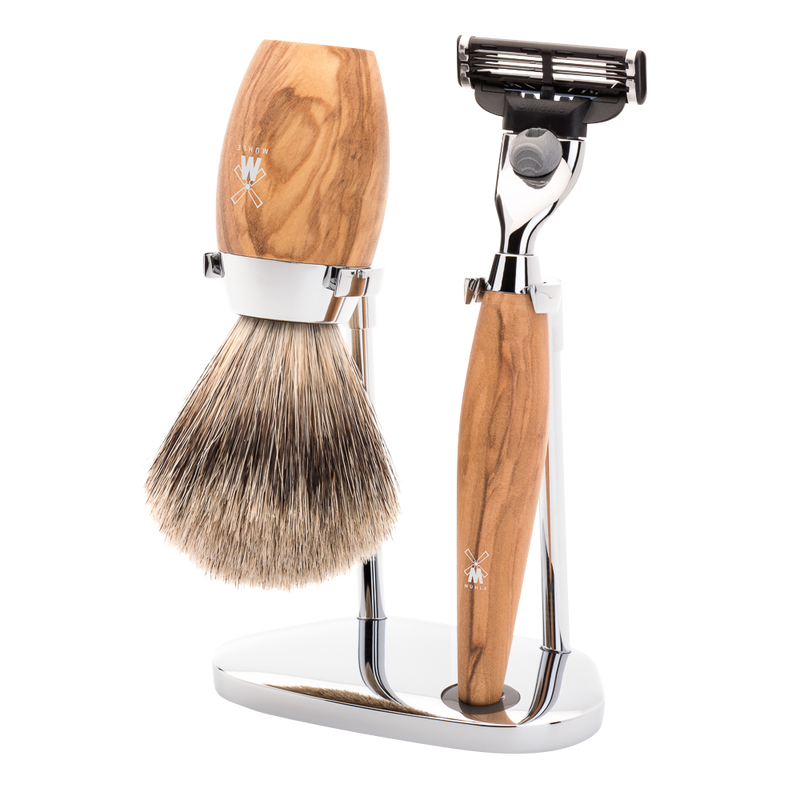 Muhle "KOSMO" 3-Delige Mach 3 Razor & Brush Set - Olive Wood